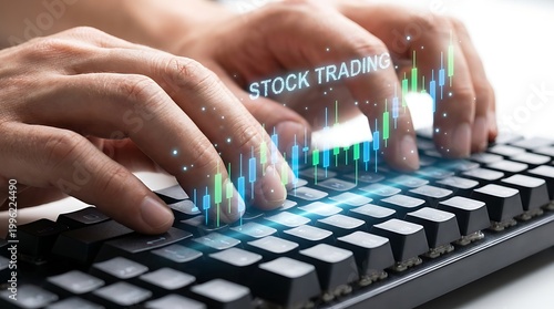 Hands Typing on Keyboard with Digital Stock Trading Chart Overlay.