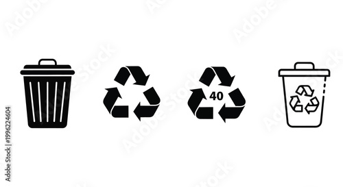 Recycling symbols including trash cans and chasing arrows a silhouette