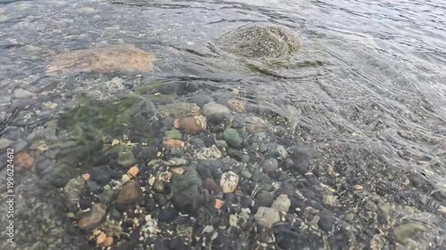 Haines - Alaska - USA - April 21 - A close up image showing stones on the shoreline refracted through the water. Clear running waters flow over the smooth rocks and pebbles.