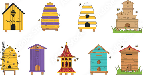 Beehive and Honey House Set with Cartoon Apiary Buildings, Wooden Hives, Bees, and Beekeeping Elements for Nature, Farming, and Vector Illustration