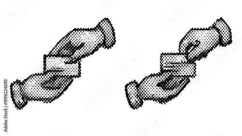 Two stylized hands passing a credit card between them in a graphic halftone dot pattern representing payment and transfer concepts.