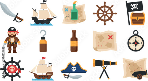 Pirate Adventure Icon Set with Ship, Treasure Map, Compass, Captain, Telescope, and Nautical Elements for Game, Kids Design, and Vector Illustration