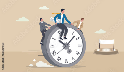 Time management into the for you schedule deadline productivity efficiency work concept businessmen riding rolling clock face with confidence skillful success reach target