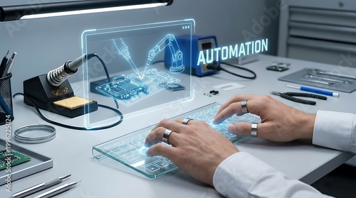 Futuristic Engineer Working on Industrial Automation with Holographic Interface and Glass Keyboard.