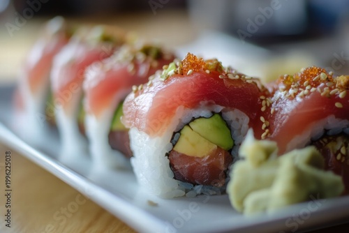 Sushi rolls served on plate with garnish closeup