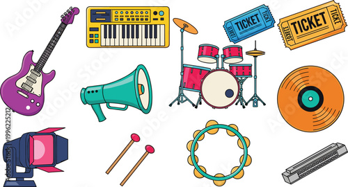 Live Music and Concert Entertainment Icon Set Featuring Electric Guitar, Drum Kit, Keyboard, Vinyl Record, Megaphone, Tickets, and Stage Lighting for Event Promotion