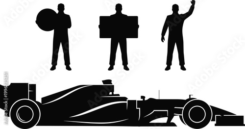 Formula Race Car and Pit Crew Silhouette Set with Motorsport Team Figures Holding Tire Board and Signaling Gestures