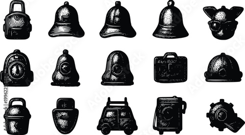 Set of retro styled icons representing diverse professional and personal objects, including bell, car, and briefcase symbols, suitable for graphic design projects.