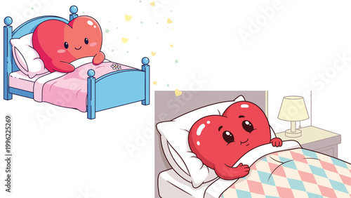 Cute Cartoon Heart Character Sleeping in Bed with Cozy Blankets and Sweet Dreams