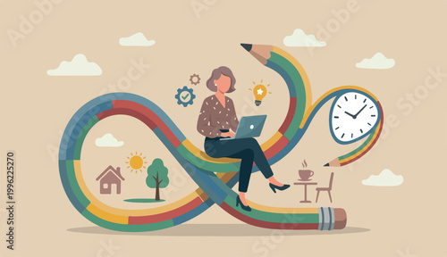 Flexible work, remote work anywhere anytime, employee choice time location productivity creativity concept, cheerful woman enjoy working computer laptop flex bent pencil
