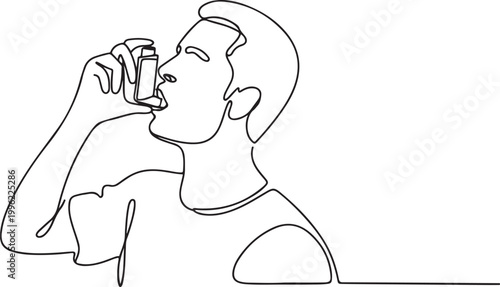 The man has asthma. Inhaler to relieve symptoms of choking.one line vector illustration on white background