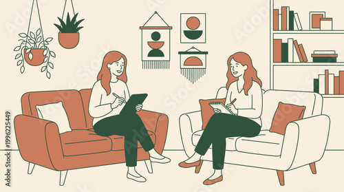 Engaging business counseling session illustration showing two women collaborating, perfect for professional development and psychological support concepts in a dynamic vector style