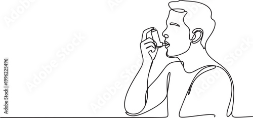 The man has asthma. Inhaler to relieve symptoms of choking.one line vector illustration on white background