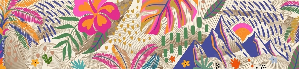 Fototapeta premium A vibrant and colorful floral pattern with various tropical flowers and leaves