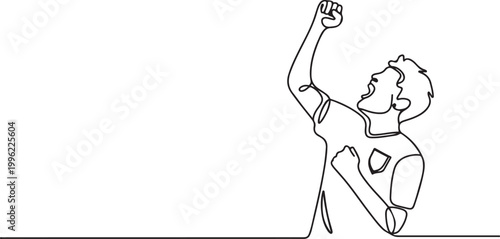 young soccer player kissing the badge on his jersey and raises fist hand to the sky. Match goal scoring celebration concept.one line vector illustration on white background