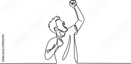 young soccer player kissing the badge on his jersey and raises fist hand to the sky. Match goal scoring celebration concept.one line vector illustration on white background