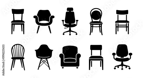 Modern furniture chair icons set, minimalist black silhouette seating collection, office and home interior chair vector illustrations
