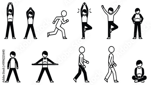 Various black and white stick figures illustrating diverse human actions like stretching, running, walking, and sitting, symbolizing activity, exercise, and health concepts.