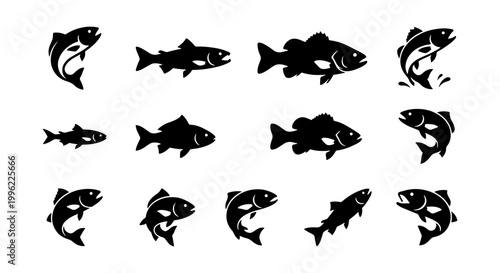 Black fish silhouette collection, 13 fishing icons set in vector format, minimalist aquatic animal shapes for logos, jumping trout and bass silhouettes