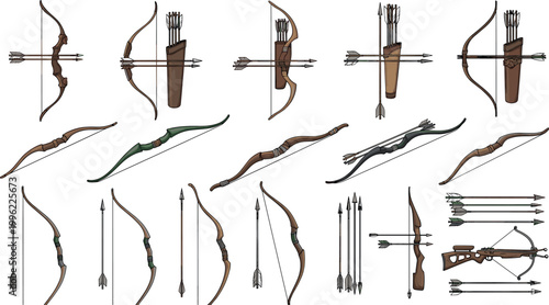 Archery Equipment Set with Bows, Arrows, Quivers, and Crossbow for Hunting, Sports, Medieval Weapons, and Game Asset Vector Illustration