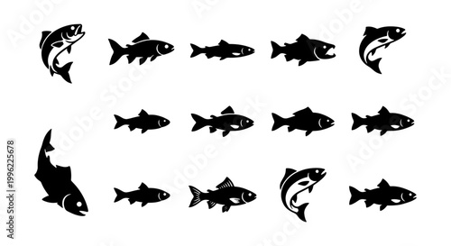 Black fish silhouettes set, 14 salmon and trout vector icons, minimalist aquatic animal shapes for fishing and seafood logos