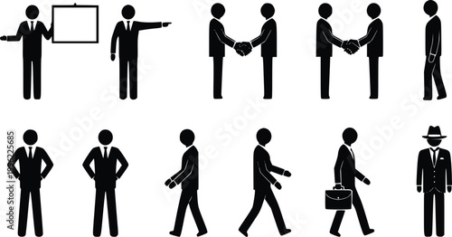 Collection of businessman stick figure icons representing various actions like presenting, pointing, shaking hands, walking, and standing confidently.