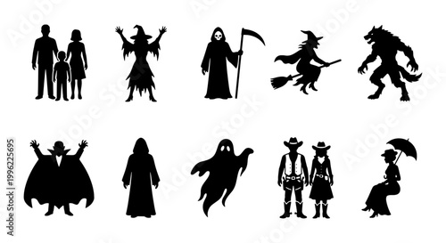 Halloween silhouette icons set, spooky monster and character vector collection, black horror figures including witch, vampire, ghost and grim reaper