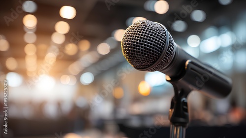 Focusing on Voice: Close-up of a microphone ready to capture every word, set against a blurred background of a conference. This image captures the anticipation and power of spoken words.