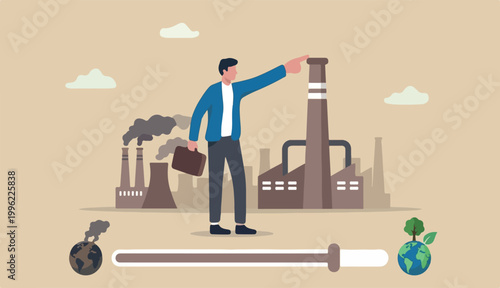 Reduce factory pollution to help stop climate change or global warming, ecology to decrease carbon dioxide an sustainability concept, business leader use finger to block, stop or clog factory chimney