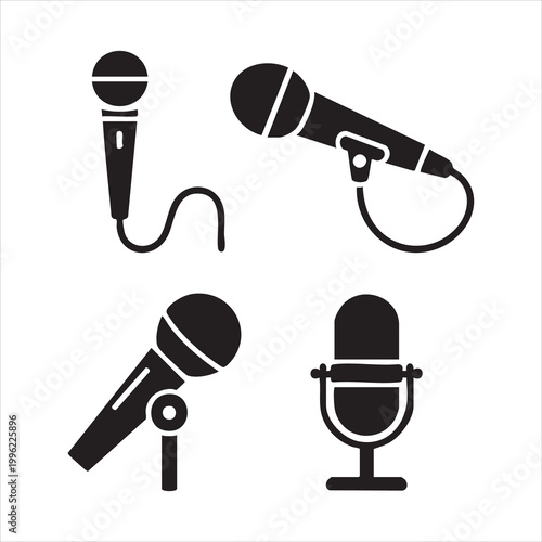 Assortment of stylized microphones in black silhouette, diverse shapes and stands.