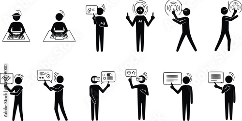 Diverse stick figure icons illustrating various technology interactions, including computer usage, virtual reality, augmented reality, artificial intelligence, and digital communication concepts.