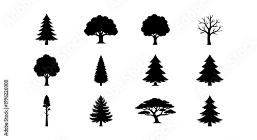 Black tree silhouettes collection, set of 12 forest and garden tree icons, minimalist nature symbols for landscape design and environmental branding