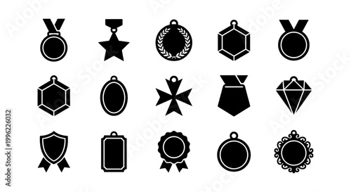 Black medal icon set, 15 award and trophy symbols, flat vector achievement badges for gaming and sports, reward and honor silhouettes