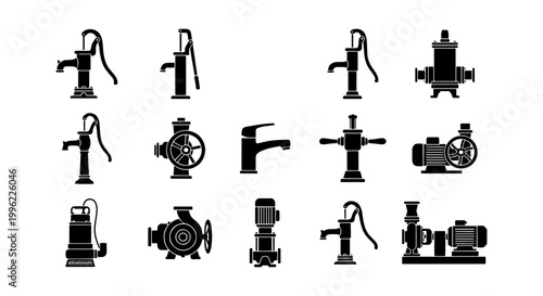 Vintage water pump icons set, industrial hydraulic machinery silhouettes, manual well hand pumps and electric motor pressure systems, 14 vector elements