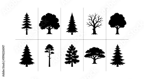 Black tree silhouettes collection, set of 10 forest tree icons, minimalist pine and oak vector shapes, botanical nature elements for landscape design