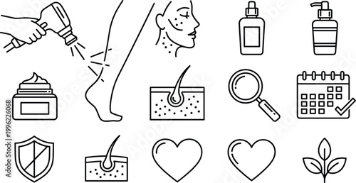 Hair Removal and Skin Care Icons Set Featuring Lotion, Razor, Magnifying Glass, and Skin Health