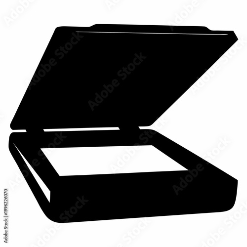 Flatbed scanner silhouette vector icon, black office document scanner with open lid, digital imaging hardware symbol for business and technology