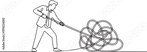 Cartoon of businessman try to unraveling tangled rope concept of solution and problem solving.one line vector illustration on white background