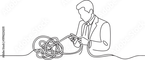 Cartoon of businessman try to unraveling tangled rope concept of solution and problem solving.one line vector illustration on white background