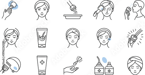 Beauty and Skincare Routine Line Icons Set with Facial Treatments, Cream, and Tools