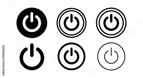 Minimalist power button icon set, black and white electronic switch symbols, 6 vector start and stop graphic elements for interface design
