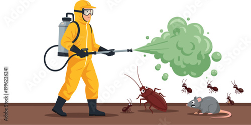 Bild auf Leinwand Pest Control Worker in Protective Suit Spraying Insecticide on Cockroach, Ants,