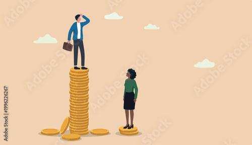 Gender pay gap, inequality between man and woman wage, salary to income, issue about gender diversification concept, businessman standing much or more paid money coins, woman on less small income coin