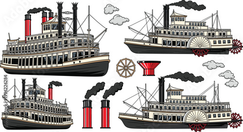 Canvas Print Steamboat Vintage Design Set with Paddles, Steam Pipes, and Wheel in Flat Style