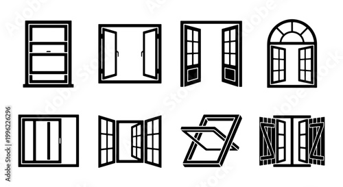 Minimalist window line icons set, black architectural window frames and glass panes, collection of 8 vector house window symbols for building design