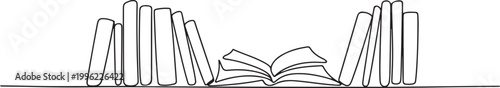 Continuous line drawing of books on a shelf with one book open in a minimalist style.one line vector illustration on white background