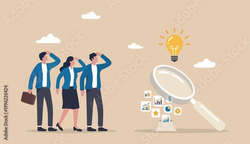 Business insights intelligence information competitive win competition, discover business solution concept business people team looking lightbulb floating magnifying glass