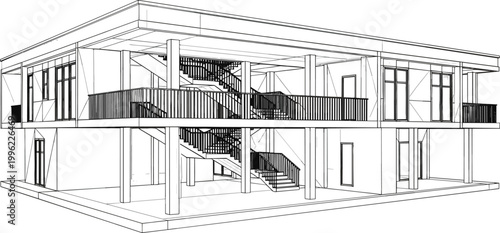 Line Art Illustration of Modern Building with Balconies and Staircase for Architectural and Urban Design Projects