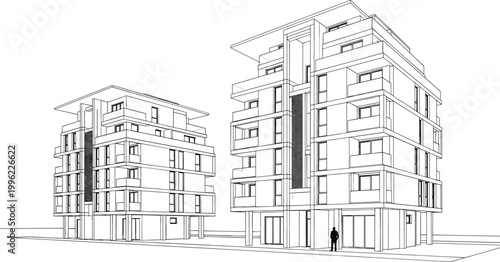 Line Art Illustration of Two Modern Residential Buildings with Contemporary Architecture for Urban Design Projects