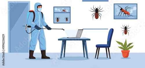 Pest Control Worker in Protective Suit Spraying Pesticide for Ants in Home Office Environment with Ant Wall Art
